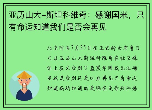 亚历山大-斯坦科维奇：感谢国米，只有命运知道我们是否会再见