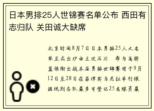 日本男排25人世锦赛名单公布 西田有志归队 关田诚大缺席